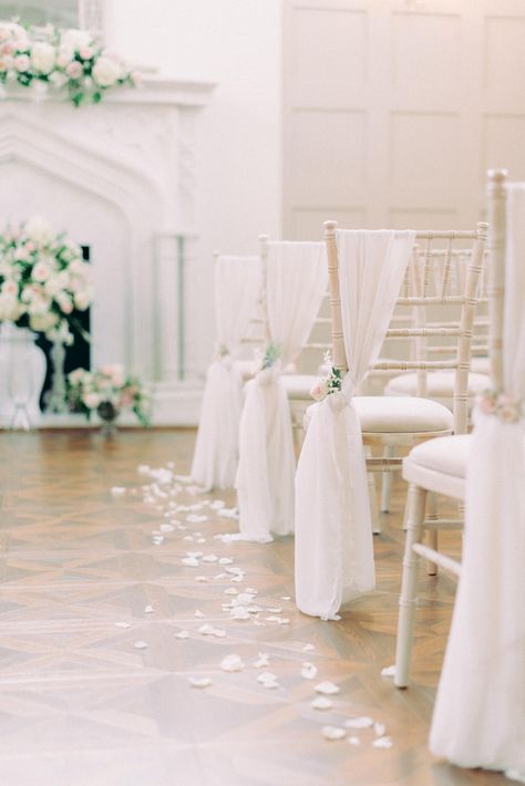 White Chair Sash, Chair Decoration Wedding, Thicket Priory, Wedding Ceremony Chairs, Chair Accessories, Wedding Chair Sashes, Draping Wedding, Aisle Decorations, Wedding Isles