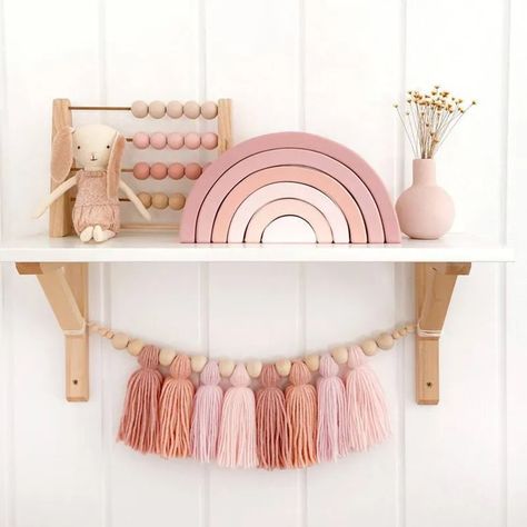 Earthy Pink, Boho Rainbow Nursery, Room Colours, Yarn Tassel, Dusty Peach, Boho Space, Flower Bedroom, Nursery Room Design, Girl Nursery Room