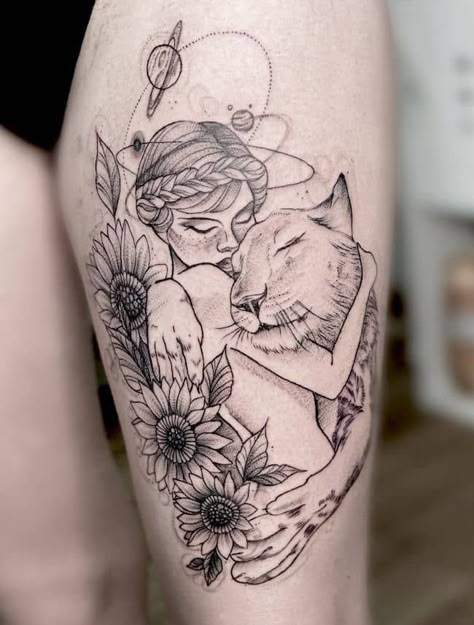 Leo Tattoo For Women On Leg, Fierce Feminine Tattoos, Feminine Leo Tattoos, Leo Virgo Tattoo, Leo Woman Tattoo, Feminine Lion Tattoo For Women, Leo Goddess Tattoo, Leo Tattoo For Women, Mother Nature Tattoo