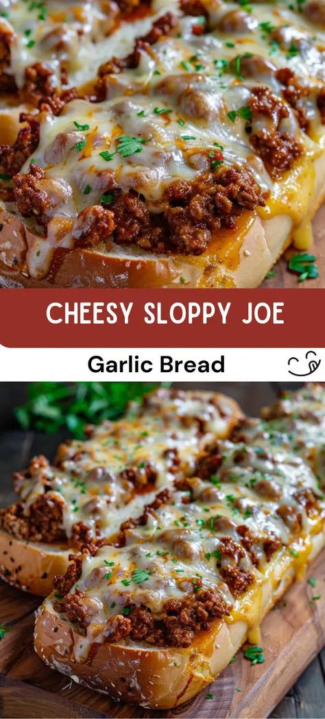 Cheesy Sloppy Joe Garlic Bread Cheesy Sloppy Joes, Best Sloppy Joe Recipe, Sloppy Joe Recipe Easy, Sloppy Joe Casserole, Lemon Chicken Pasta, Lunch Appetizers, Sloppy Joes Recipe, Cheesy Garlic Bread, Cheesy Bread