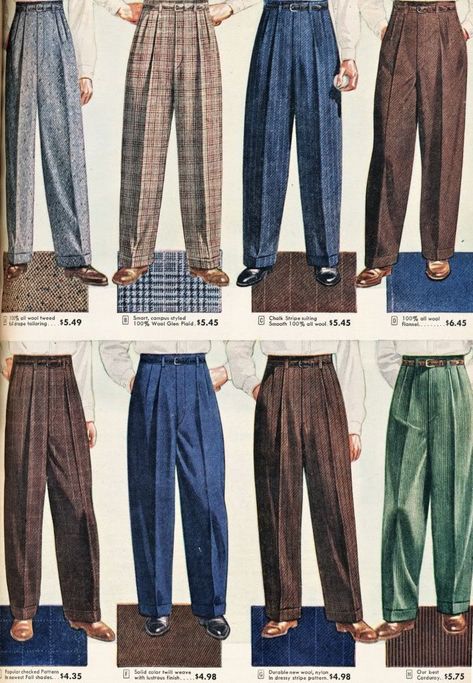 Men 1940s Fashion, Vintage Mens Pants, Vintage Man Clothes, 50s Aesthetic Men, 40s Fashion Mens, 50s Mens Fashion, Slacks Men, 1940s Mens Fashion, Fashion 60s