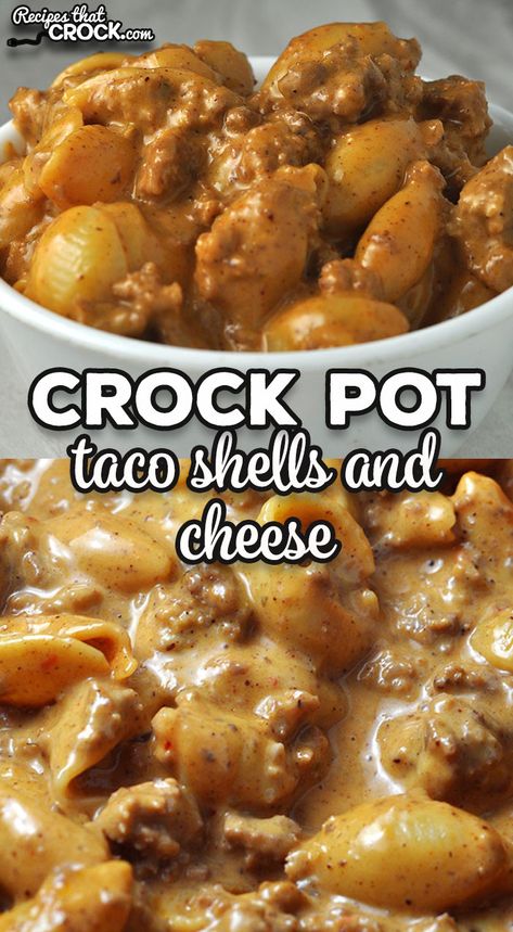 Easy Crock Pot Pasta Dishes, Taco Shells Pasta, Crockpot Pasta Recipes Ground Beef, Crock Pot Party Food, Taco Shells And Cheese, Simple Crock Pot Meals, Crockpot Party Recipes, Shells And Cheese Recipe, Shells And Cheese