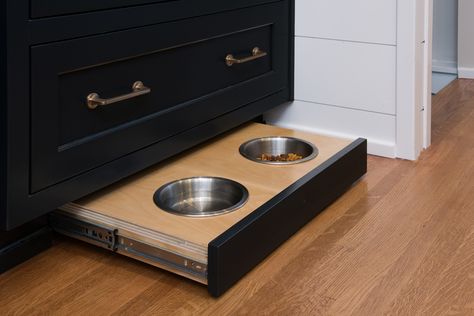 Built-In Dog Dish Dog Bowl Storage, Kitchen Dog Bowls Built Ins, Dog Bowl In Kitchen, Hidden Dog Bowls In Kitchen, Dog Bowl Kitchen, Dog Bowl Drawer, Built In Dog Bed, Cottage Build, Dog Food Station