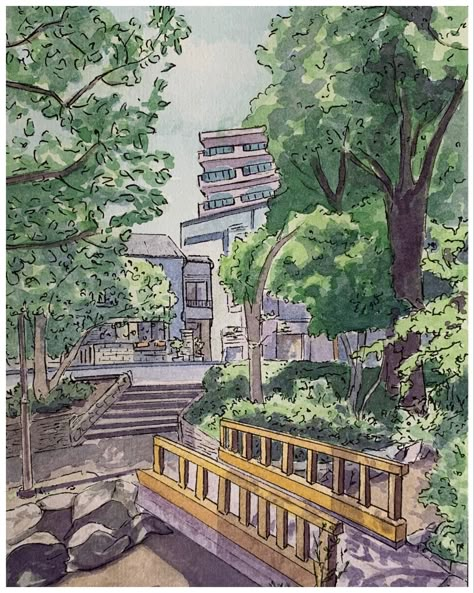 Watercolour Sketches Simple, Watercolour Studio Ghibli, Japan Scenery Drawing, Watercolour Environment, Ghibli Watercolor Art, Ghibli Garden, Studio Ghibli Watercolor, Street Sketching, Ghibli Watercolor