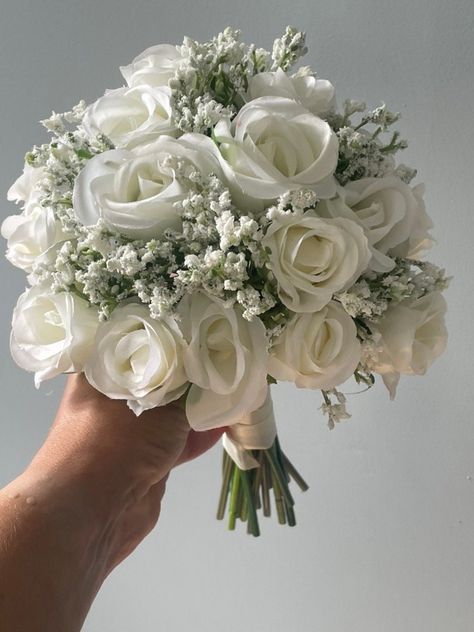 Rose And Gypsophila Bouquet, Silk Flowers For Wedding, White Rose Wedding Bouquet, Gypsophila Bouquet, Simple Wedding Bouquets, Handmade Bouquet, White Roses Wedding, Flowers For Wedding, Dream Wedding Decorations