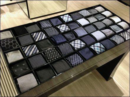 Giorgio Armani Periodic Table of Ties Tie Display, Shoe Store Design, Clothing Rack Display, Tie Storage, Suit Stores, Clothing Store Interior, Store Design Boutique, Bedroom Games, Boutique Decor