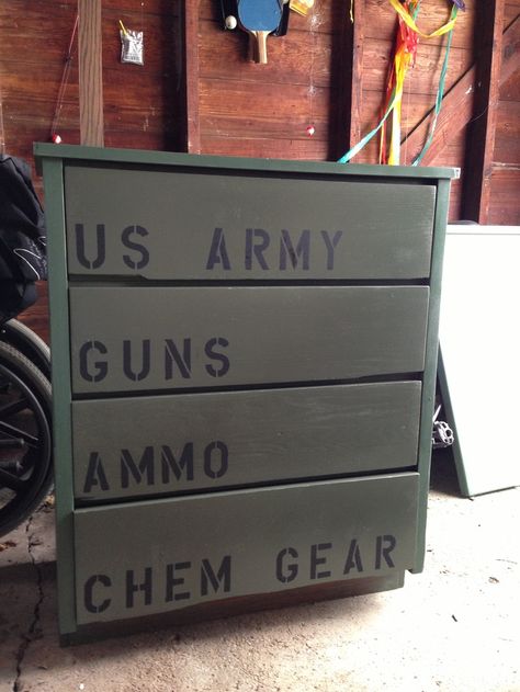 army themed bedrooms for boys | My son's dresser for his Army camo theme room! Boys Army Bedroom, Boys Army Room, Camouflage Bedroom, Military Bedroom, Camo Room, Camo Bedroom, Camo Rooms, Nerf Storage, Army Bedroom