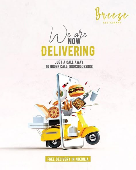 Delivery Advertising Creative, Restaurant Delivery Poster, Food Delivery Instagram Post, Ad Ideas Design, Product Placement Advertising, Zomato Delivery Creative Ads, Food Design Poster Creative Advertising, Online Delivery Creative Ads, Food Creative Posters