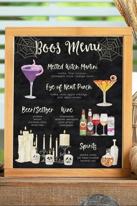 Halloween Drink Menu Ideas, Halloween Bar Menu Ideas, Stock The Bar Halloween Party, Bar Halloween Decorations, Halloween Party Itinerary, Bar Halloween Party Ideas, Halloween Decorations Bar, Halloweentown Party Ideas, Halloween Pop Up Bar