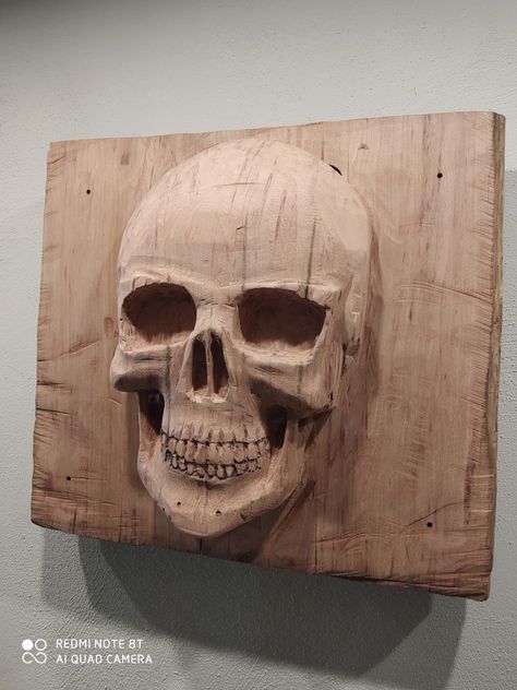 Skull carved out of a piece of Japanese Larch Skull Wood Carving, Wooden Skull Carving, Clay Creepy, Creepy Woods, Haunted Garden, Wood Skull, Wooden Skull, Wood Carving Art Sculpture, Rockabilly Art