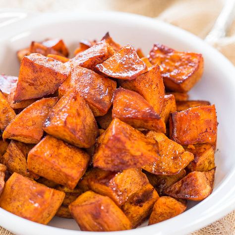 Some people would call this a side dish. I call it a meal. And one of my favorites. You can’t go wrong with warm sweet potatoes that are soft and tender in the middle and lightly crisped and caramelized on the outside. I roasted them with a marinade of honey, coconut oil, and cinnamon. It’s a … Honey Roasted Sweet Potatoes, Winter Vegetables Recipes, Roasted Sweet Potato Salad, Sweet Potato Salad, Averie Cooks, Bacon And Egg Casserole, Roasted Sweet Potato, Cinnamon Recipes, Winter Vegetables