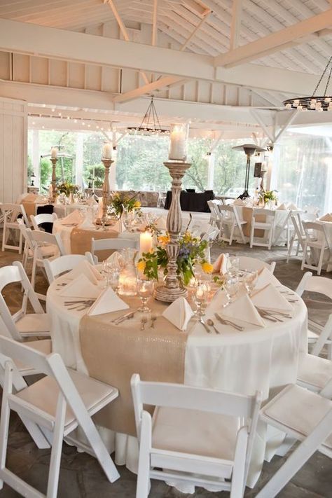 Round Wedding Table Decor Wedding Centerpiece Ideas Quinceañera Themes, Wedding Reception Tablescapes, Burlap Runners, Reception Tablescapes, Tafel Decor, Rustic Wedding Centerpieces, Tables And Chairs, Neutral Wedding, Wedding Table Settings