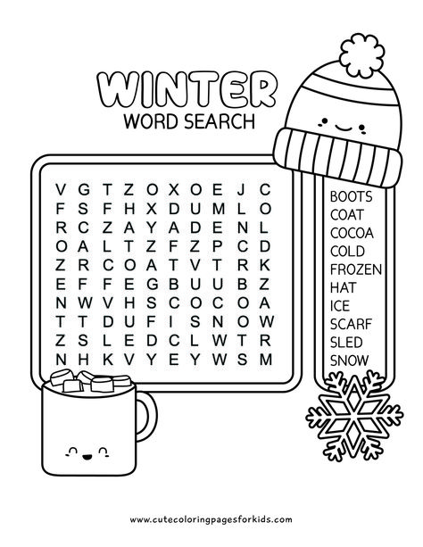 Winter Word Search: Free Printable Activity for Kids - Cute Coloring Pages For Kids Winter Activity For Kindergarten, Simple January Crafts For Kids, January Word Search For Kids, Winter Activity Pages Free Printables, Free Holiday Activities, Winter Wordsearch Free Printable, Winter Sel Bulletin Boards, Second Grade Word Search, Winter Mazes For Kids Free Printable