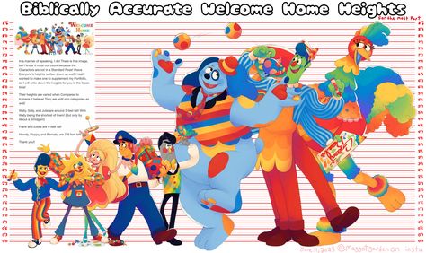 A height comparison chart of all the neighbors in Welcome Home Welcome Home Characters, Silly Puppets, Clown Illustration, Puppet Show, Psychological Horror, Welcome Home, Horror Art, Puppets, Home Art