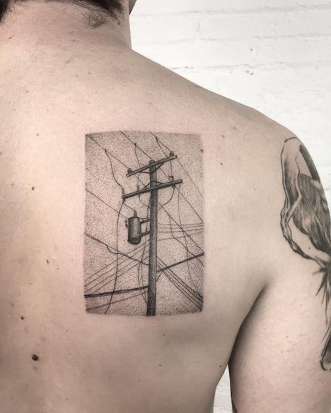 Telephone Pole Tattoo, Pole Tattoo, Cat Tattoo Ideas, Berlin Tattoo, Telephone Pole, Shoulder Blade Tattoo, Free Tattoo, Tattoo Parlors, Realism Tattoo