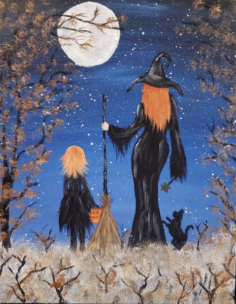 Witch Canvas Painting Diy, How To Paint A Witch, Halloween Witch Painting, Witchy Acrylic Painting, Witches Painting, Witchy Painting Ideas, Witchy Painting, Disney Canvas Paintings, Boho Art Painting