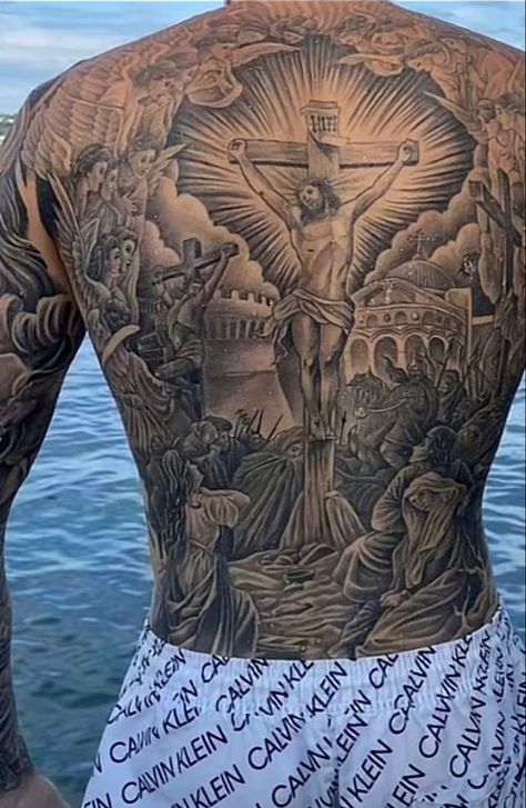 Whole Back Tattoos Men, Last Supper Back Tattoo, Religious Back Tattoo, Jesus Back Tattoo, Virgin Mary Back Tattoo For Men, Bible Tattoos For Men, Mens Body Tattoos, Bible Tattoos, Chicano Tattoos Sleeve