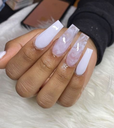 White With Marble Nails, Soft White Long Nails, White Marble Nails With Rhinestones, White Cloudy Nails Acrylic, Marble Full Set Nails, Birthday Marble Nails, Baddie Marble Nails, White Acrylic Nails Medium Length Design, Grey And White Marble Nails