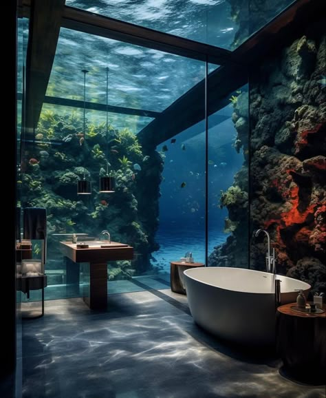 Aquarium Setup Ideas, Underwater Bathroom, Spa Architecture, Underwater Hotel, Bali Style Home, Underwater House, Indoor Outdoor Bathroom, Fantasy Furniture, Aquarium Setup