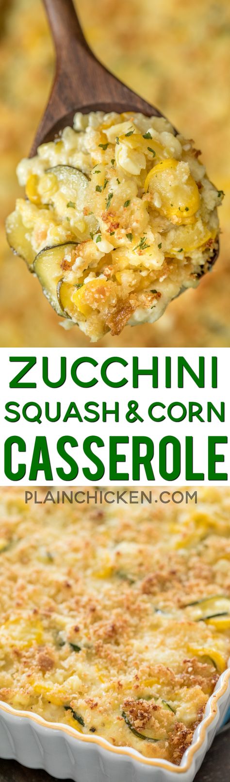 Zucchini, Squash & Corn Casserole - our favorite side dish! Zucchini, Squash, Corn, Onion, garlic, white cheddar cheese, sour cream, mayonnaise, eggs, breadcrumbs and parmesan cheese. Seriously THE BEST!!! Great make ahead side dish. Perfect for all your potlucks, cookouts and holiday meals! #casserole #zucchini #squash #corn #sidedish #freezermeal Squash Corn Casserole, Squash And Corn Casserole, Zucchini Squash, Corn Casserole, White Cheddar Cheese, Holiday Meals, Eat Better, White Cheddar, Veggie Side Dishes