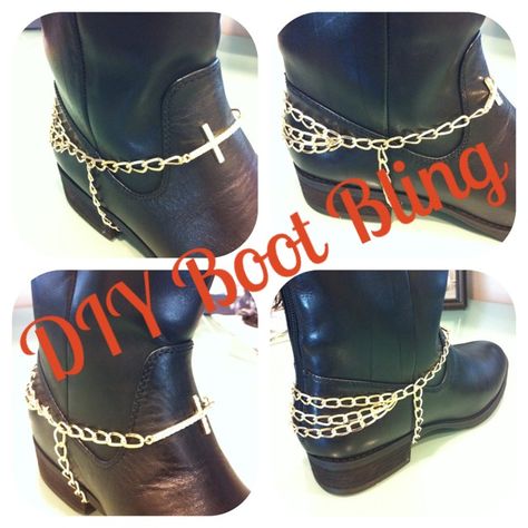 DIY to add some sparkle to my all black high boots...a chain necklace, a cross bracelet, a few adjustments and voila....DIY Boot Bling! Diy Boot Jewelry, Boot Straps Diy, Tejana Outfits, Diy Boots, Biker Accessories, Boots Diy, Shoe Refashion, Jump Ring Jewelry, Boot Chains