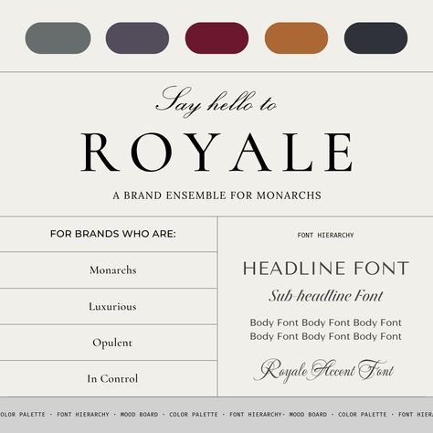 Wondering how to brand the Monarch Brand Archetype? Meet Royale. A stunning visual brand ensemble created especially for Ruler / Monarch Brand Archetypes. What's Inside: Color Palette + Font Hierarchy + Mood Board See them all at MelissaBolton.com/Ensembles Ruler Brand Archetype Color Palette, Royal Color Pallete, Font Hierarchy, Ruler Brand Archetype, Royal Color Palette, Royal Branding, Royal Colors Palette, Victorian Color Palette, Relatable Aesthetic