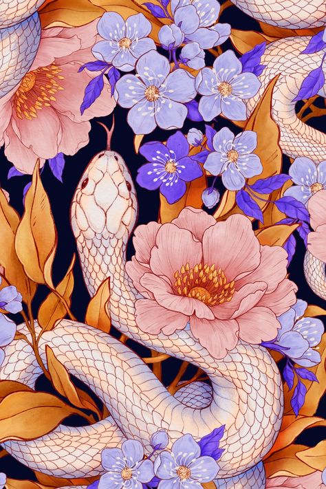 Work in progress of a seamless pattern I am working on in Procreate + a sprinkling of Photoshop because this illustration is huge and needs a bit more extra layers than the iPad can handle. 🐍 Learn Procreate: https://www.serenaarchetti.com/learn Snake Pattern Illustration, Snake Illustration Art, Snake Illustration Design, Snake Collage, Mayan Serpent, Learn Procreate, Large Flower Wall Art, Snake And Flowers, Snake Flower