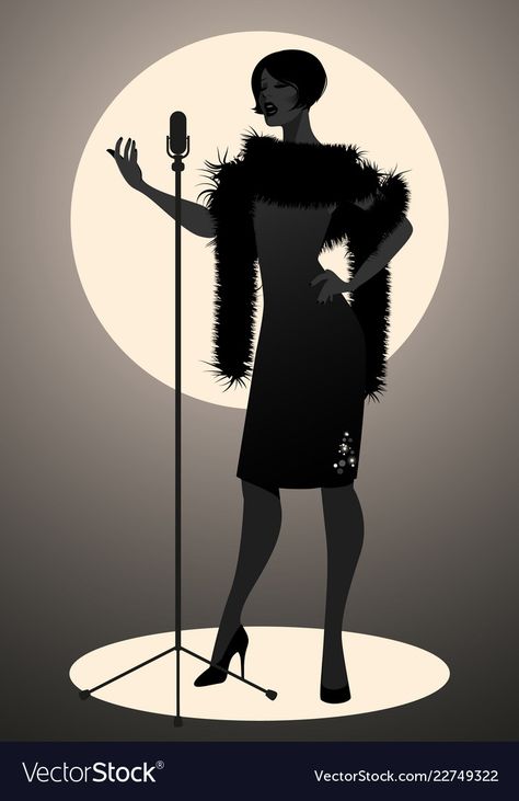 Jazz Women Style, Singing With Microphone Pose, Singing Poster Design, Person Holding Microphone Reference, Jazz Microphone, Singing Illustration, Cabaret Stage, Singer Drawing, Women Singing