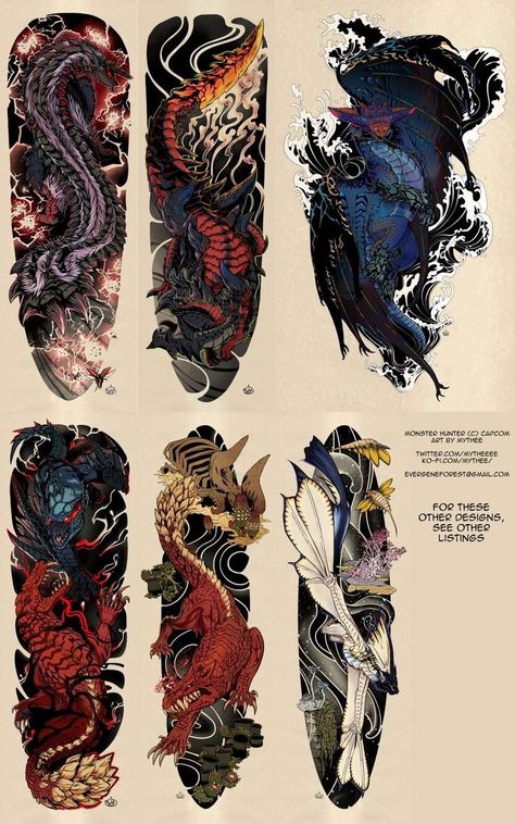 Odogaron Tattoo, Monster Hunter World Tattoo, Japanese Monster Tattoo, Monster Hunter Tattoo Ideas, Legiana Monster Hunter, Hunter Tattoo Design, Monster Hunter Nargacuga, Monster Hunter Tattoo, Coral Highlands