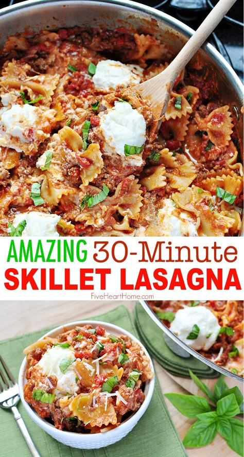 Skillet Lasagna ~ savory, cheesy lasagna cooks up in a skillet in 30 minutes in this easy, delicious, stovetop variation! | FiveHeartHome.com #skilletlasagna Stove Top Lasagna, Pasta Ground Beef, Crockpot Ground Beef, Skillet Lasagna Recipe, Cheesy Lasagna, Lasagna Recipe With Ricotta, Skillet Dinner Recipes, Skillet Lasagna, Easy Skillet Meals