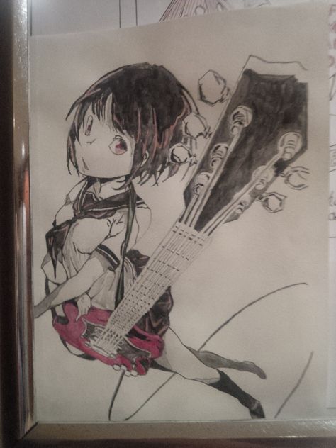 Guitar Pose Perspective, Electric Guitar Anime, Electric Guitar With Stickers, Guitar Perspective, Electric Guitar Sketch, Electric Guitar Drawing, Perspective Inspiration, Art Profolio, Posing Reference