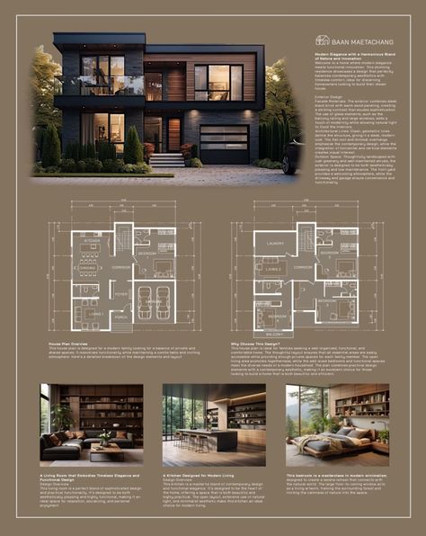 Modern House Exterior And Floor Plan, Villa Glass Modern, Wood Paneling Exterior House, Villa Plan 2 Floor, Modern Exterior Railing, Board House Design, Small Glass House Design, Natural Lighting Architecture, Brick Modern House