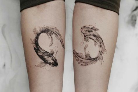 Detailed Matching Tattoos, Koi Fish Tattoos, Twin Tattoos, Sibling Tattoos, Couple Tattoo, Koi Tattoo, Koi Fish Tattoo, Bff Tattoos, Matching Couple Tattoos