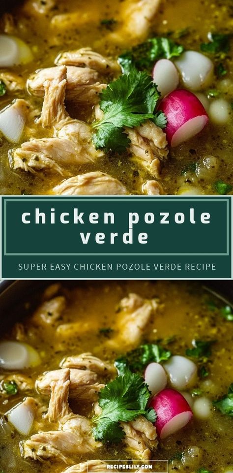 Warm up your dinner table with a bowl of Chicken Pozole Verde! This comforting Mexican classic features tender chicken simmered in a vibrant green sauce made from tomatillos, jalapeños, and fresh herbs. Perfect for chilly evenings or festive gatherings, this dish bursts with flavor and is customizable with your favorite toppings—think avocado, radishes, and cilantro. Discover how to make this delicious recipe that will surely become a family favorite! #ChickenPozoleVerde #MexicanCuisine #ComfortFood Crockpot Chicken Pozole Verde, Mexican Pozole Recipe Chicken, Pozole Recipe Verde, Chicken Pozole Verde Recipe, Chicken Pozole Verde, Pozole Verde Recipe, Green Pozole, Tomatillo Recipes, Chicken Pozole