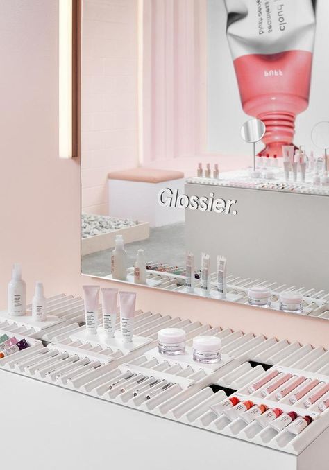 Glossier Pop Up, Cosmetic Display, Beauty Pop, Pop Up Stores, Display Design, Beauty Store, Pop Up Store, Booth Design, Retail Display