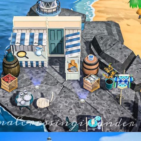 Acnh Seafood Restaurant, Acnh Fish Market, Cottagecore Acnh, Lighthouse At Night, Acnh Beach, Gaming Things, Ac Ideas, Fish Stand, Acnh Designs