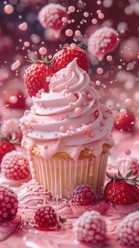 Pink Frosting Aesthetic, Fruit Phone Backgrounds, Cupcake Wallpaper Aesthetic, Strawberry Cake Wallpaper, Pink Strawberry Aesthetic, Cupcake Wallpaper, Cupcakes Wallpaper, Brown Aesthetic Wallpaper, Wallpapers Christmas