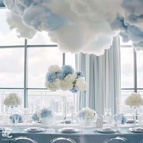 35 Dreamy Ideas for a 'She's on Cloud Nine' Bridal Shower | Cardmint Clouds Wedding Decor, Cloud Flower Centerpiece, Cloud Theme Party Ideas, On Cloud Nine Wedding Theme, Cloud Nine Table Decor, Baby Boy Cloud Shower Ideas, On Cloud 9 Decorations, Shes On Cloud 9 Bridal Shower Theme, Cloud Themed Food