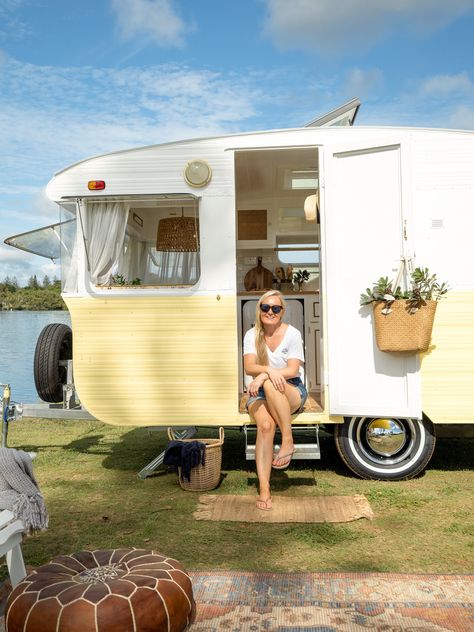 Retro Caravan Rentals Elddis Caravan Makeover, Retro Caravan Exterior, Vintage Camper Van, Caravan Exterior Ideas, Retro Caravan Interiors, Yellow Caravan, Caravan Styling, Coffee Trailers, Caravan Exterior