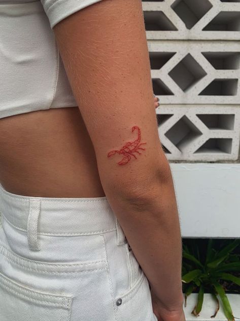 Jaded Word Tattoo, Red Ink Scorpion Tattoo, Scorpion Tattoo Red, Little Scorpion Tattoo, Red Tatooes, Cute Scorpion Tattoo, Red Tattoos Ideas, Red Scorpion Tattoo, Tattoo Ideas For Beginners