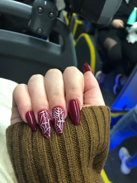 Dark Red Nails With Spider Web, Subtle Spiderman Nails, Red Nails With Spiderweb, Red Spiderweb Nails, Red Spider Web Nails, Spiderpunk Nails, Red Spider Nails, Spider Gwen Nails, Red Acrylic Nails Almond