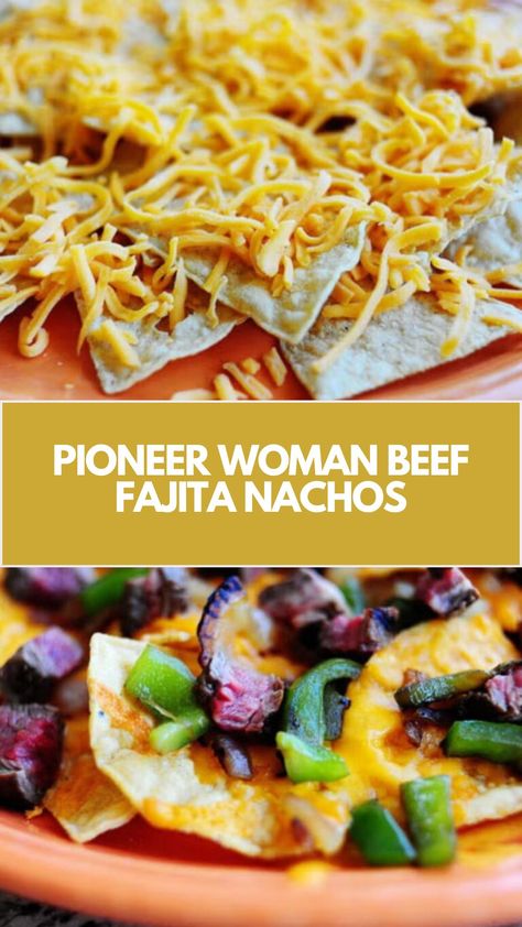 Pioneer Woman Beef Fajita Nachos is made with flank steak, olive oil, lime juice, chipotle peppers, garlic, cilantro, onions, bell peppers, sturdy tortilla chips, and grated cheese. This easy beef fajita nachos recipe creates a delicious dinner that takes about 30 minutes to prepare and can serve up to 6 people. Beef Fajita Nachos Recipe, Beef Fajita Nachos, Fajita Nachos Recipe, Pioneer Woman Dinner, Fajita Nachos, Pioneer Kitchen, Chopped Steak, Chipotle Peppers, Fresh Guacamole