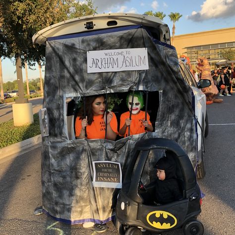 Arkham Asylum trunk or treat Batman Theme Trunk Or Treat, Arkham Asylum Trunk Or Treat, Gotham City Trunk Or Treat, Jail Cell Trunk Or Treat, Trunk Or Treat Jail Theme, Batman Trunk Or Treat, Boo Bash, Trunk Or Treat Ideas, Halloween Office