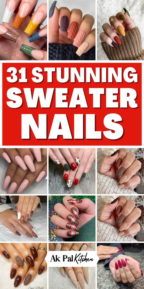 Get cozy with these stunning sweater nail designs! From classic Brown and white sweater nails to bold red and pink sweater nails, this Holiday sweater nails collection has everything you need for a chic winter look. Learn how to create 3D sweater nails with easy tutorials, or try out knitted sweater nail art for a unique twist. Perfect for fall and winter sweater nail art, these sweater French tip nails and Christmas sweater nail art ideas will keep your manicure on-trend all season long! Ugly Sweater Nail Art, Christmas Nails Knitted, Winter Nails Sweater Art Designs, Brown Christmas Nails Art Designs, Sweater Nail Art Designs, Fall Sweater Nail Design, Fall Nails Sweater Design, Sweater Fall Nails, Nails With Sweater Design