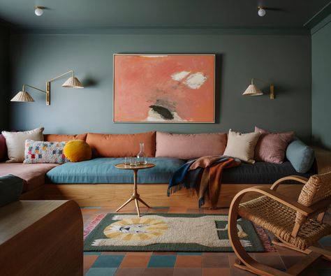 Tour an on trend retro riverhouse | Small Colorful Living Room, Living Room Danish, Eclectic Guest Room, Eclectic Basement, Eclectic Basement Design Ideas, Colorful Coastal Living Room, Color Drenched Living Room, Color Saturated Room, Blue Living Room Walls