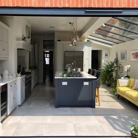 Like two hallways for extra light to reception room + fridge position. Love glass roof of side return Doors Small Spaces, Kitchen Extension Ideas, Side Return Kitchen Extensions, Bi Fold Doors, Sophisticated Kitchen, Side Return Extension, Kitchen Diner Extension, Coco Gauff, House Extension Plans