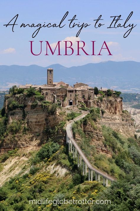 Umbria is a magical region of Italy and quite close to Rome. This is affordable Italy. It's less expensive than Tuscany and less crowded. And it has much to offer Italian architecture, charming hill towns such as Civita di Bagnoregio (in photo) and Orvieto. A dream for midlife women! Plan your Italy dream trip to Umbria. My experience and recommendations for a gorgeous budget friendly Umbria hotel with a pool. Itinerary ideas for your Europe trip. #italytravel #umbriaitaly #travelwriter #travel Umbria Italy Aesthetic, Umbria Italy Travel, Enjoy Retirement, Traveling Italy, Retirement Life, Perugia Italy, Travel Smart, Lazio Italy, Itinerary Ideas