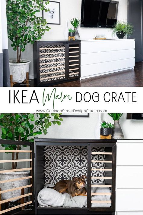 A dog crate can be a big help in the dog's life. A dog crate is generally a collapsible plastic (or sometimes metal) enclosure that's just big enough for your dog to turn around and lie down. Pet Crate Table, Dresser With Dog Kennel, Dog Kennel Bedroom Furniture, Hide A Dog Crate Ideas, Bedroom Crate Ideas, Dog Cage Side Table, Ikea Dog House Hack, Crate Furniture Diy Dog, Ikea Hack Dog Bed