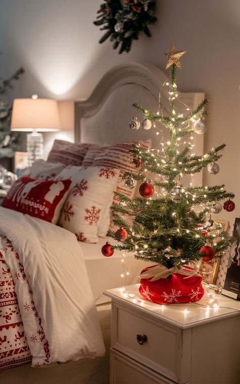 Transform your bedroom into a cozy, festive haven this Christmas with holiday-themed decor that rings warmth and cheer to your personal space. From twinkling lights to Christmas-themed bedding, these decoration ideas can help you infuse holiday magic into your bedroom. Bedroom Decorated For Christmas, Christmas Bedrooms Cozy, Christmas Beds, Winter Wonderland Christmas Decor, Wonderland Christmas Decor, Christmas Decor House, Xmas Bedroom, Cozy Christmas Bedroom, Christmas Room Decorations