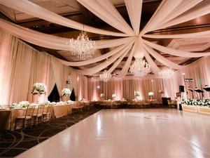 Wedding Reception Dance Floor, Reception Dance, Wedding Reception Hall, Wedding Draping, Rose Gold Wedding Decor, Wedding Ceiling, Ceiling Draping, Indoor Wedding Ceremonies, Garden Wedding Reception